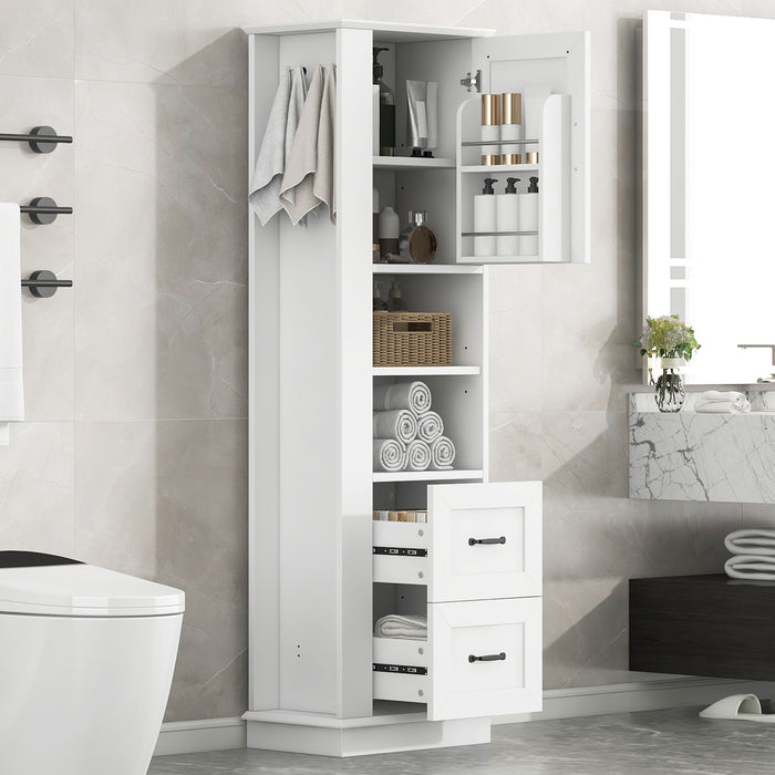 Freestanding Bathroom Storage Cabinet With Adjustable Shelves And Side Hooks Board, Rectangle Design