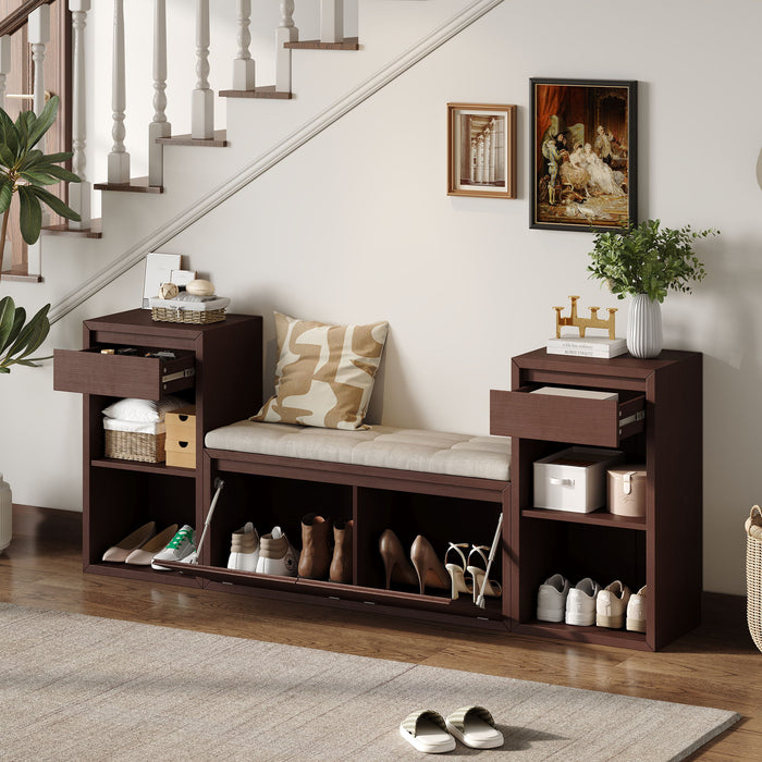 Entryway Storage Bench With Cushion, Drawers & Open Shelves