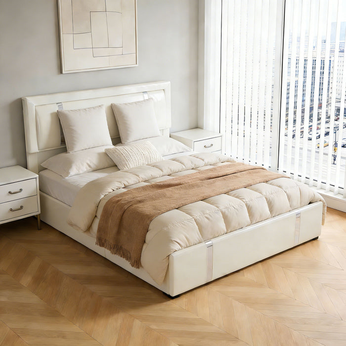 Upholstered Platform Bed Frame With Adjustable LED Headboard, USB C-Charging, Hydraulic Lift