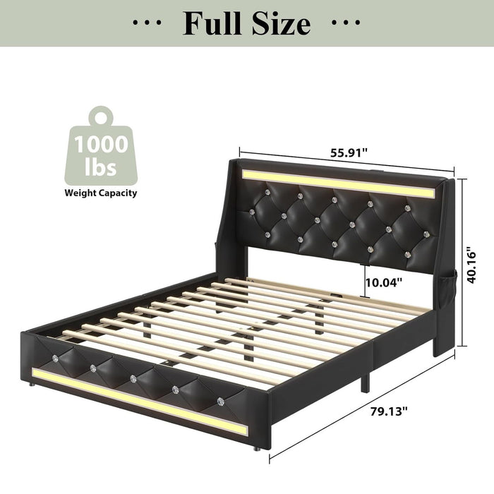 Wingback Upholstered Bed Frame With LED Lights, Charging Station