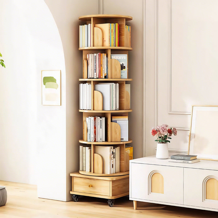 6 Tier Rotating Bookshelf With Wheels And Drawer, 360° Spinning Design, Space Saving Storage, For Home - Wood
