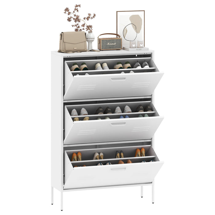 Modern Shoe Storage Cabinet With 3 Flip Drawers And Metal Frame For Entryway - Brushed Nickel