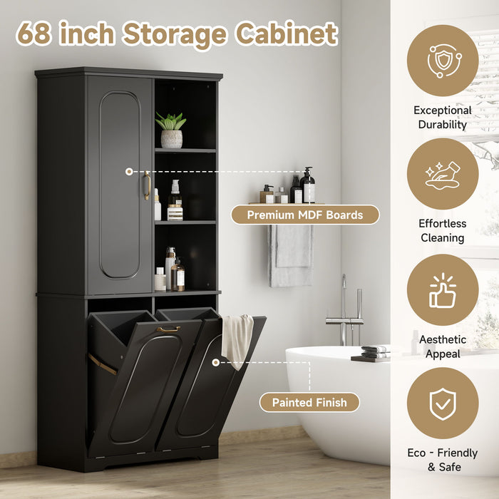 Freestanding Tall Storage Cabinet With 2 Tilt Out Hampers