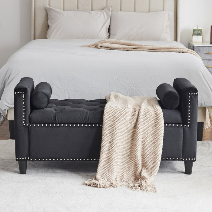Queen Velvet Button Bedside Storage Bench With Armrests, Nailhead Trim