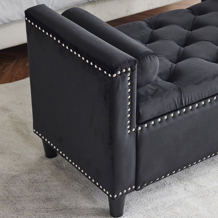 Queen Velvet Button Bedside Storage Bench With Armrests, Nailhead Trim