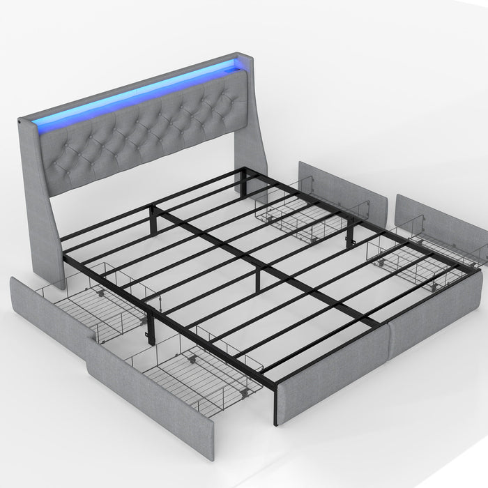 Platform Bed Frame With RGB LED Lights, Charging Station, Storage Headboard & 4 Underbed Drawers