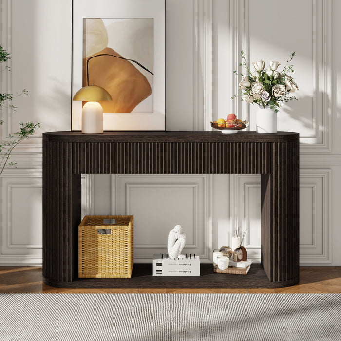 Oval Fluted Console Table With 2 Drawers And Bottom Shelf