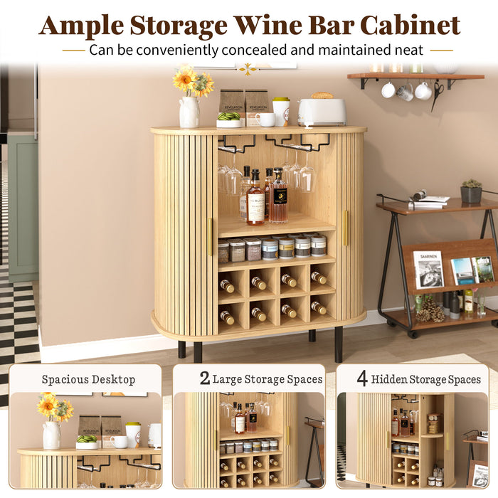 Fluted Wine Bar Cabinet With 8 Grid Wine Rack, 5 Level Adjustable Shelves, 2 Glass Holders