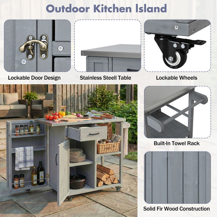 Outdoor Kitchen Island Prep Station With Lockable Wheels, Ample Storage, Towel & Spice Racks