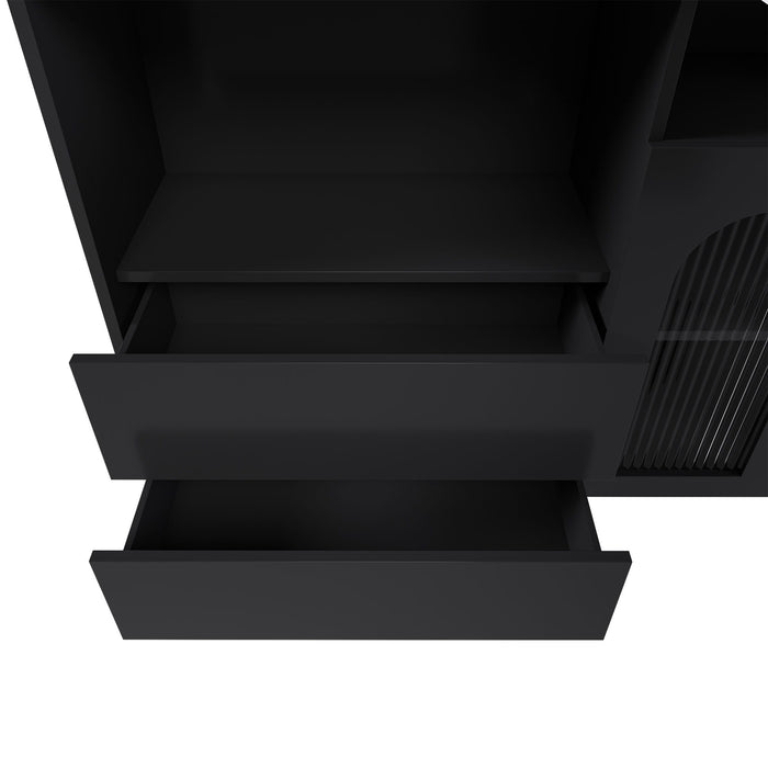 Kitchen Island With Extendable Rotating Table, 4 Drawers & Glass Door Cabinets, Built In Socket - Black