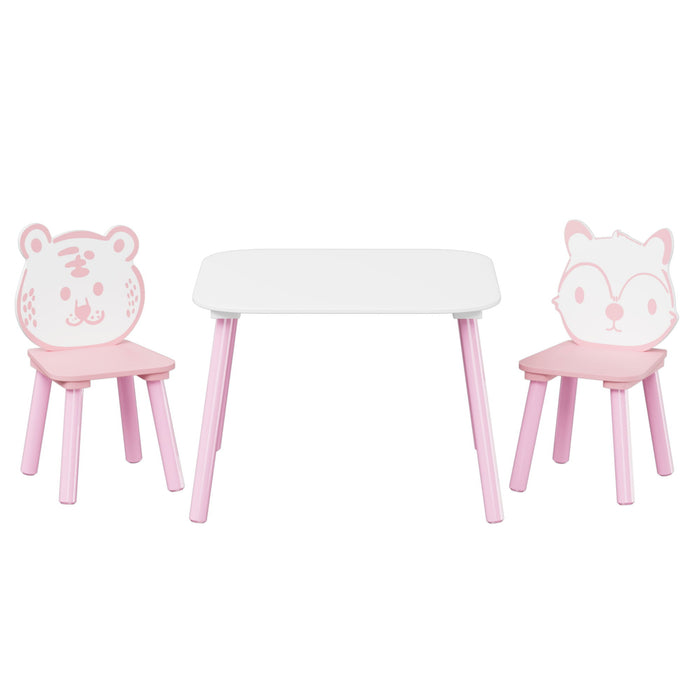 Table And Chair Set, 3 Piece Wooden Toddler Desk With Animal Backrest - Pink / White