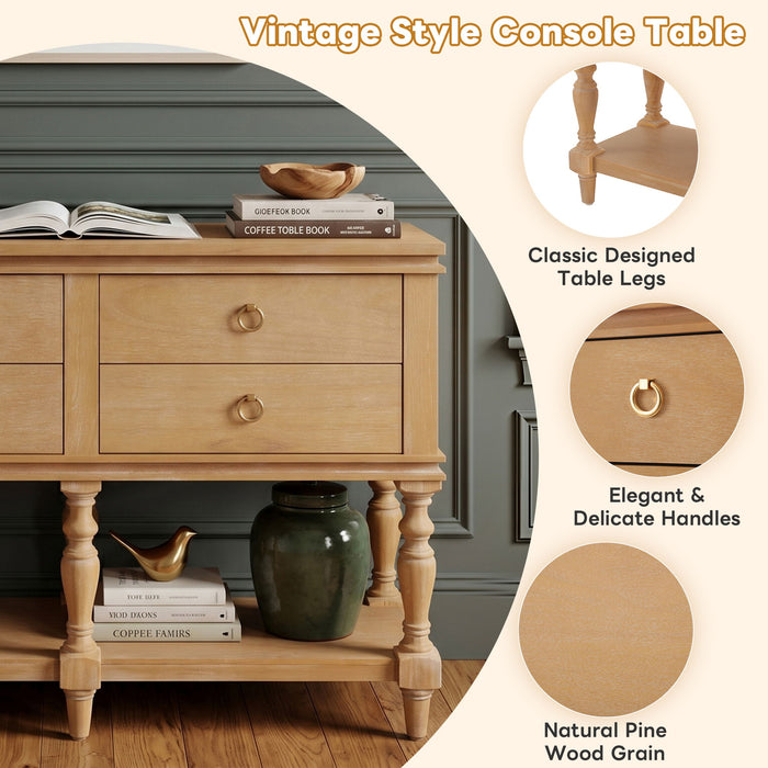 Console Table With 4 Soft Close Drawers, Thick Bottom Shelf For Living Room - Natural