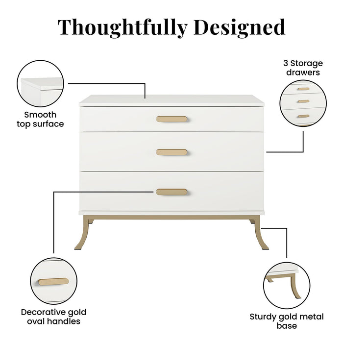 3 Drawer Dresser With Oval Handles - White / Gold