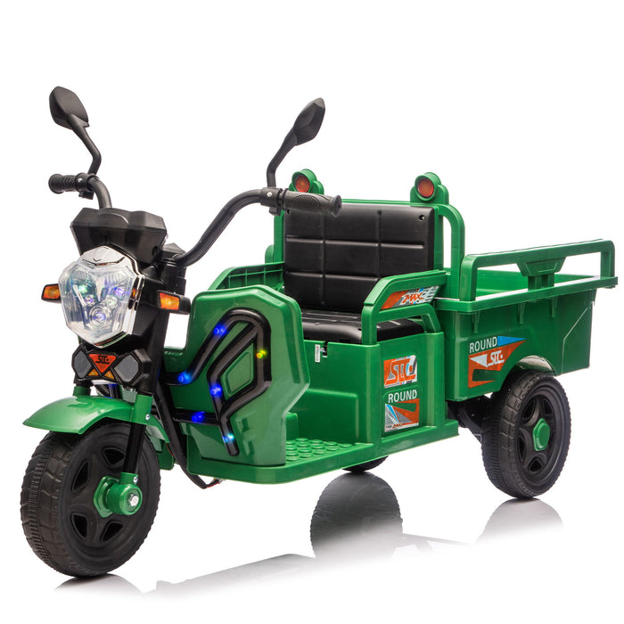 12V Kids Electric 3 Wheel Cargo Truck, 2Wd, Anti Slip Wheels, Large Storage, Extra Wide Seat With LED Lights & Music - Green