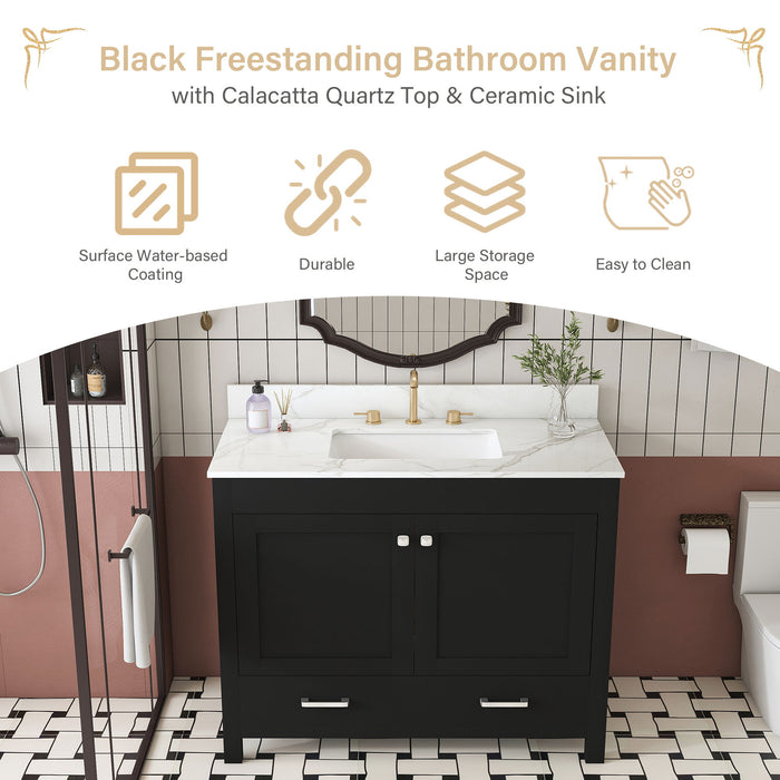 Bathroom Vanity Set, Fluted Cabinet, Soft Close Doors & Drawers, 3 Faucet Holes, Sink Included - Black