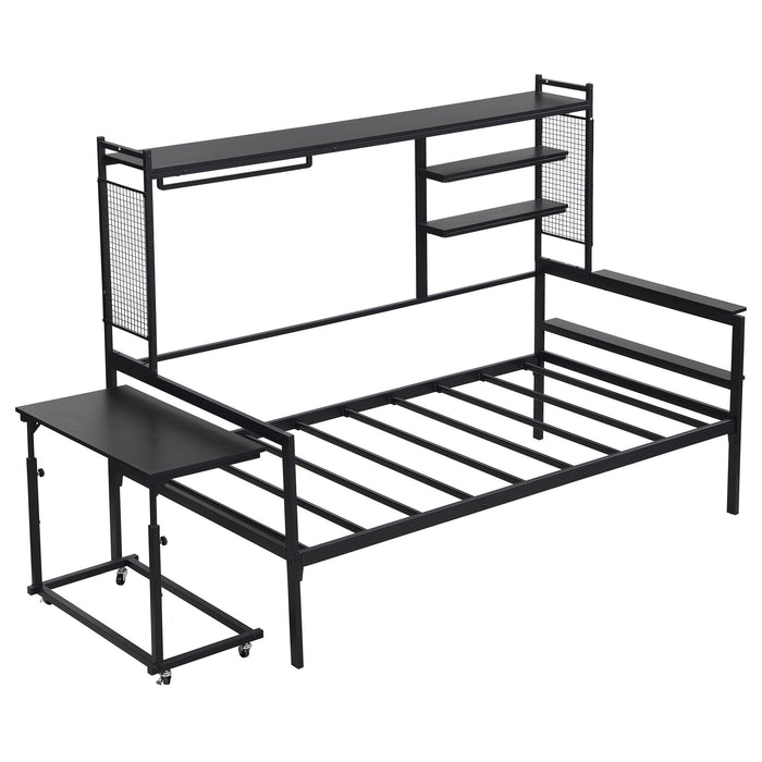 Daybed With Movable Desk, Grid, Shelves And Clothes Hanger