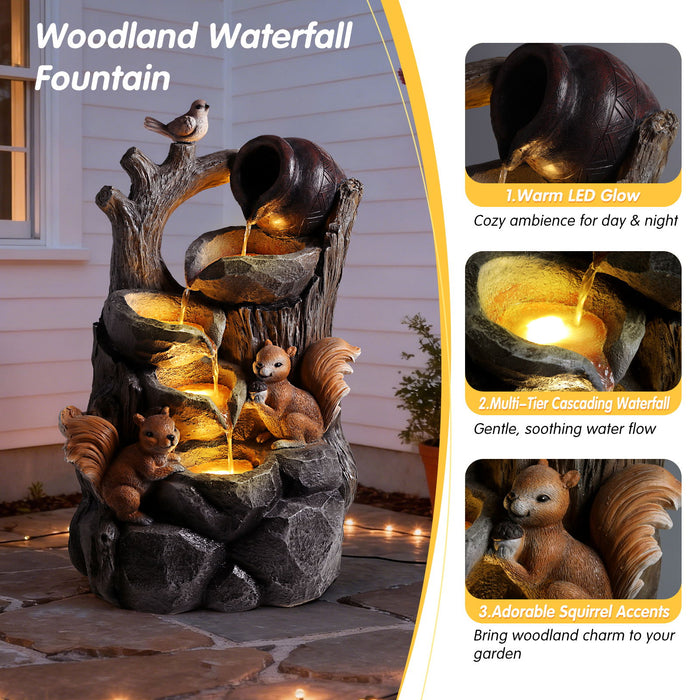 Outdoor Squirrel, Tiered Waterfall Fountain With LED Light For Patio - Gray