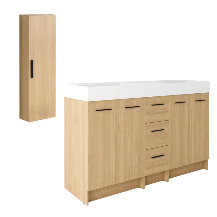 Double Sink Bathroom Vanity Set With Tall Linen Cabinet, 3 Drawers, Extra Large Storage, Integrated Sink, Freestanding Cabinet - Light Oak / White