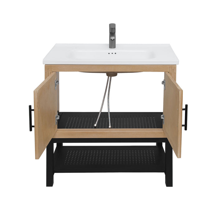 Modern Freestanding Bathroom Vanity With Ceramic Sink, Hot And Cold Faucet, Storage Cabinet & Open Shelf