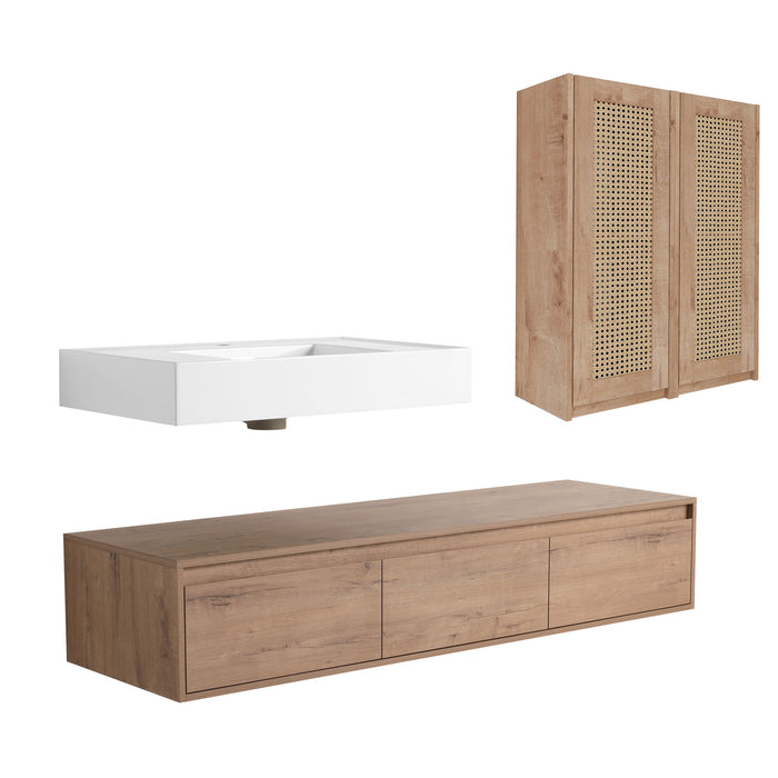 Modern Wall Mounted Bathroom Vanity With Resin Sink And 2 Side Cabinet, Imitative, Construction - Imitative Oak