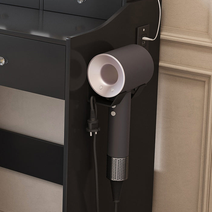 Modern Makeup Vanity Set With Power Outlet, Hair Dryer Holder, And Adjustable Lighting