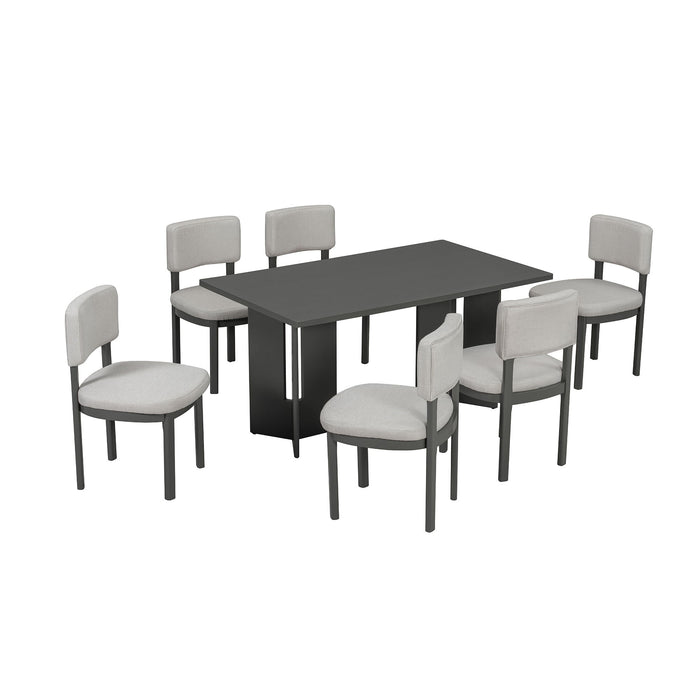 Dining Table Set With 6 Upholstered Chairs, Rectangular Table With Cutout Legs