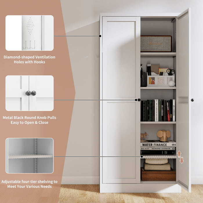 Kitchen Pantry Cabinet Adjustable Storage With 4 Shelves, Heavy Duty Freestanding Pantry Organizer - White