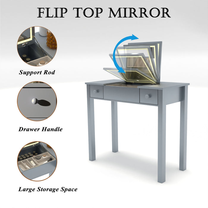 Vanity Table With LED Lights, Flip-Top Mirror And 2 Drawers, Jewelry Storage