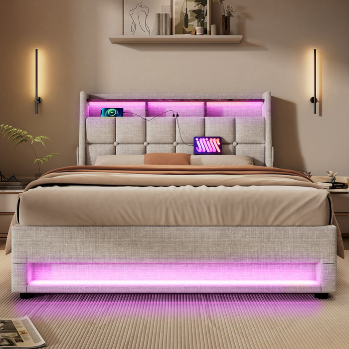 Platform Bed With Hydraulic Storage, LED Lighting & Charging Station