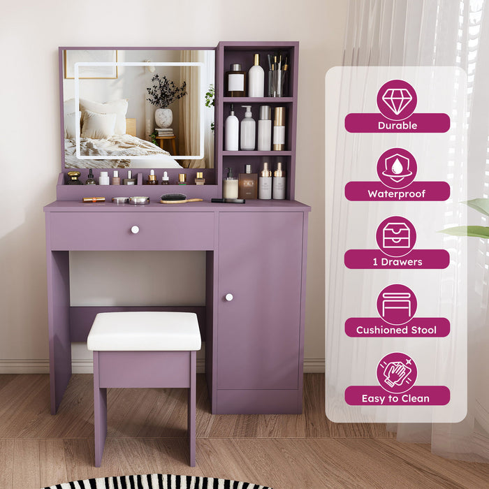 Vanity Desk Set With Padded Stool & Adjustable LED Mirror, 3 Color Mode Lighting, Compact For Bedroom - Purple