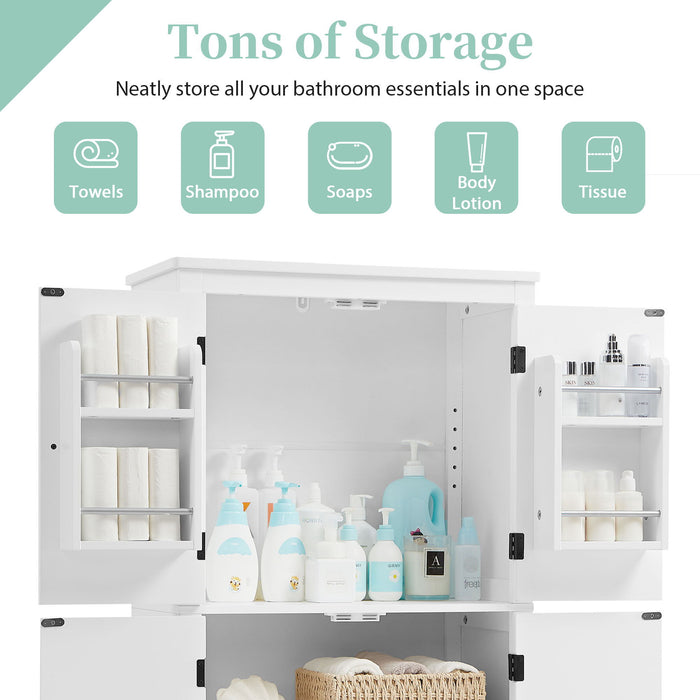 Elegant Bathroom Floor Storage Cabinet With 4 Doors, Adjustable Shelves