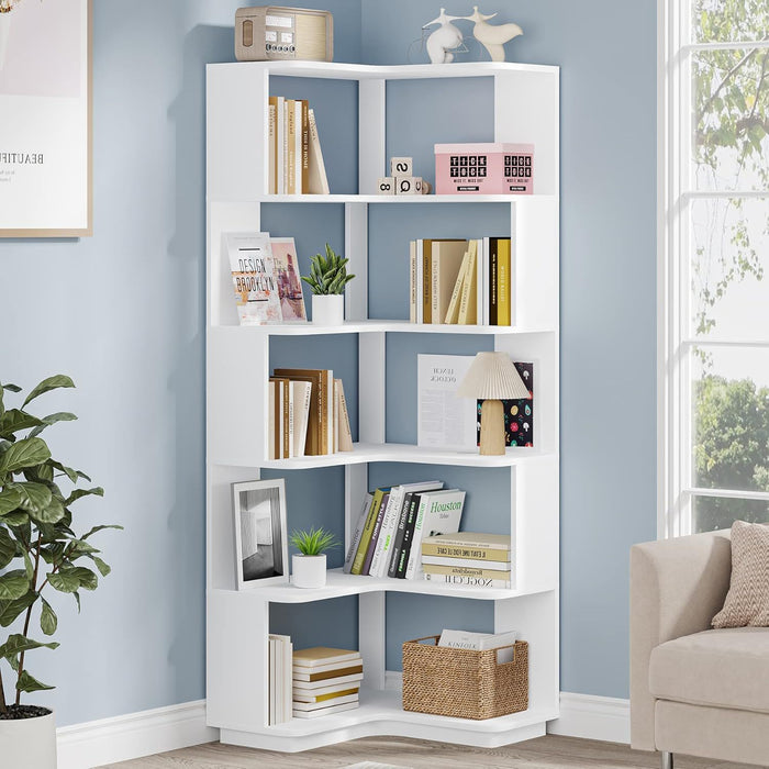 6 Tier Corner Bookshelf, L-Shaped Freestanding Shelf With Anti Drop Panels