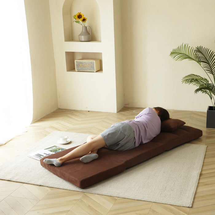 Modern Triple Fold Down Metal Frame Sofa Bed With 5 Reclining Positions And Pillow - Adjustable Upholstered Floor Couch For Gaming Or Guest Room - Brown