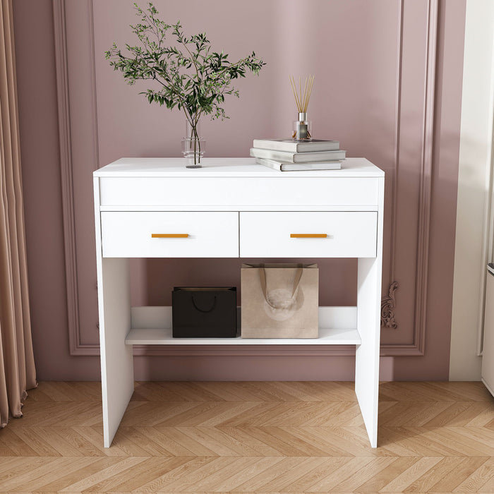 Flip Top Vanity Desk With LED Mirror & Outlet Makeup Table With 2 Drawers, Open Storage, And Jewelry Hooks - White