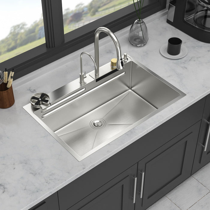Waterfall Kitchen Sink With Pull Out Faucet & Cup Washer