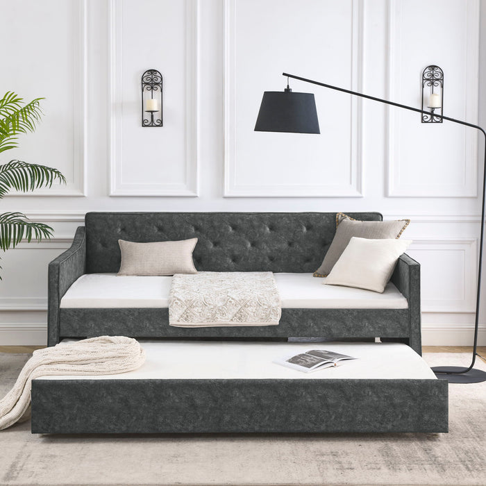 Twin Upholstered Daybed With Trundle, Waved Arms - Gray