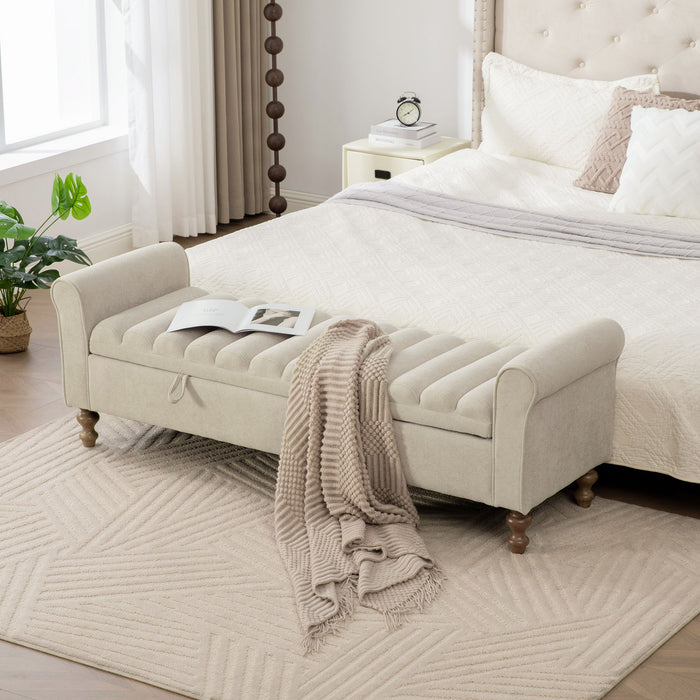 Wide Upholstered Storage Bench With Rolled Armrest For Bedroom - Griege