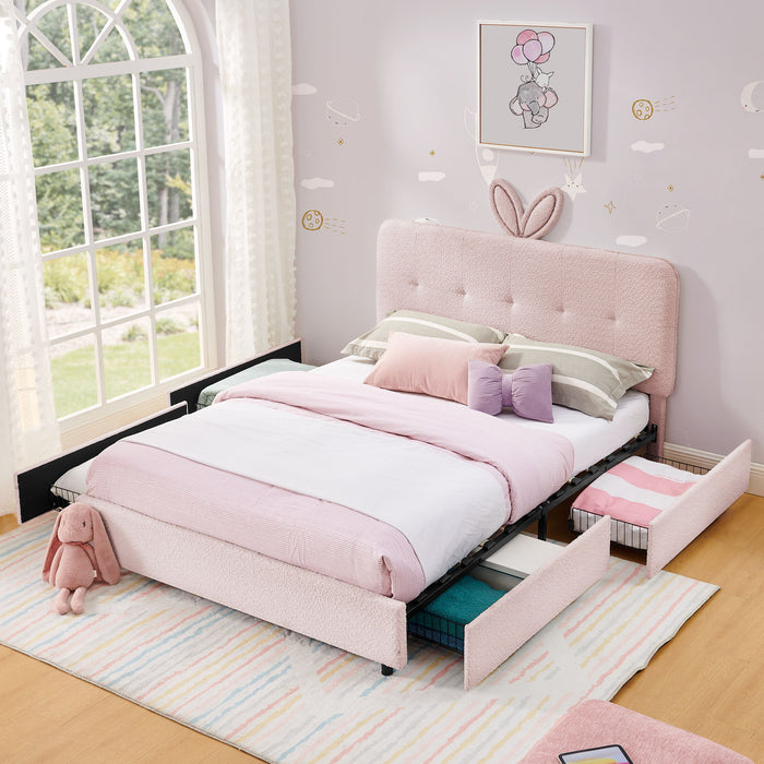 Upholstered Bed With Oversized Rabbit Ear Headboard, LED Lights & 4 Storage Drawers