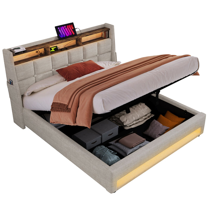 Platform Bed With Hydraulic Storage, LED Lighting & Charging Station