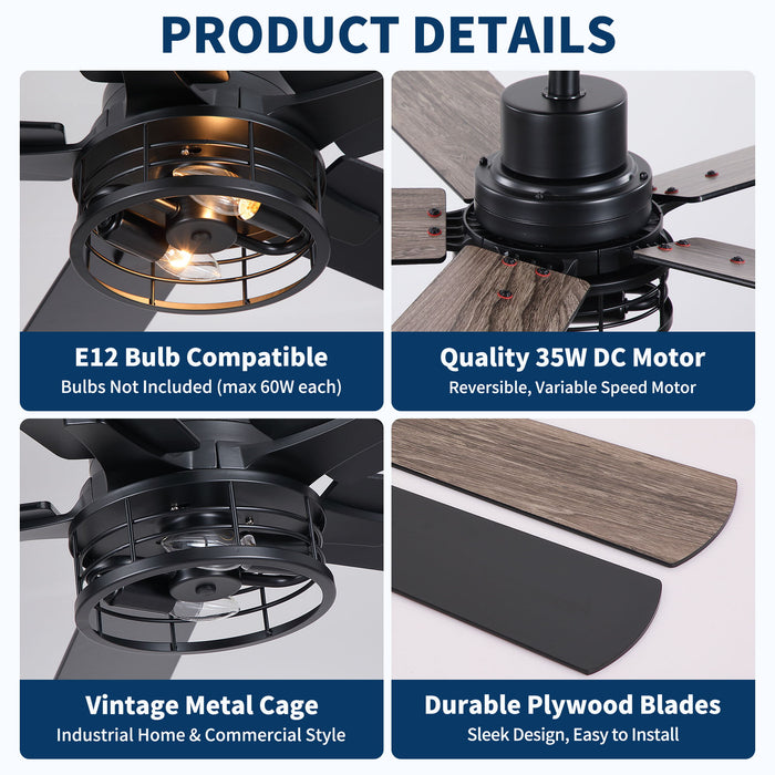Ceiling Fan With Light, Dual‑Sided Matte Black & Wood Grain Blades - Black