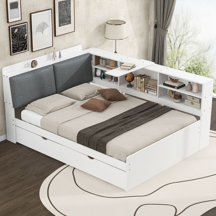 Platform Bed With Trundle, Shelves, And Storage Headboard