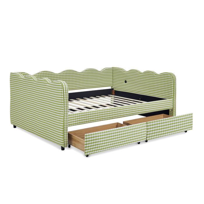 Gingham Daybed With USB Charging Port, Wave-Shaped Design