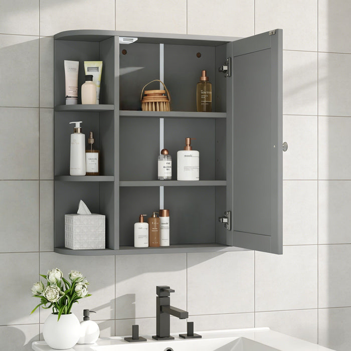 Bathroom Wall Storage Cabinet With Mirror And Adjustable Shelf, 6 Open Shelves