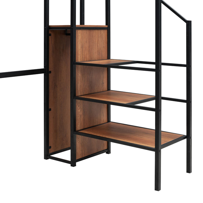 Loft Bed With Desk And Grid, Stylish Frame With Lateral Storage Ladder And Wardrobe