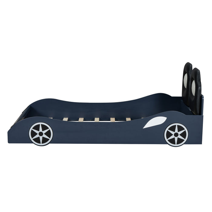 Race Car Shaped Platform Bed With LED And Upholstered Backrest In