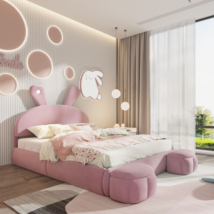 Upholstered Platform Bed With Cartoon Ears Shaped Headboard And LED Light