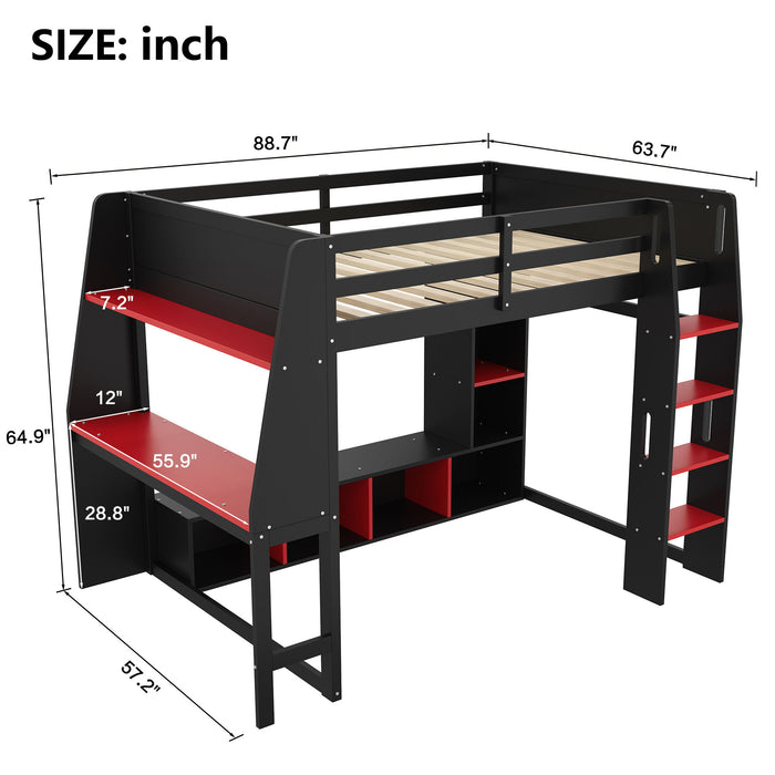 Gaming Loft Bed With Desk, Multi Storage Shelves, LED Lighting, And Hanging Clothes Rack