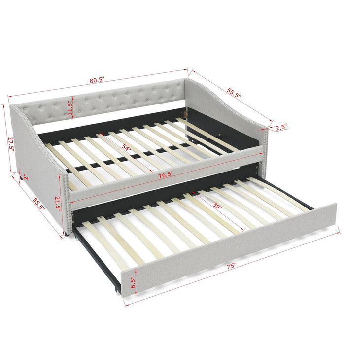 Upholstered Tufted Daybed With Drawers, Waved Arms