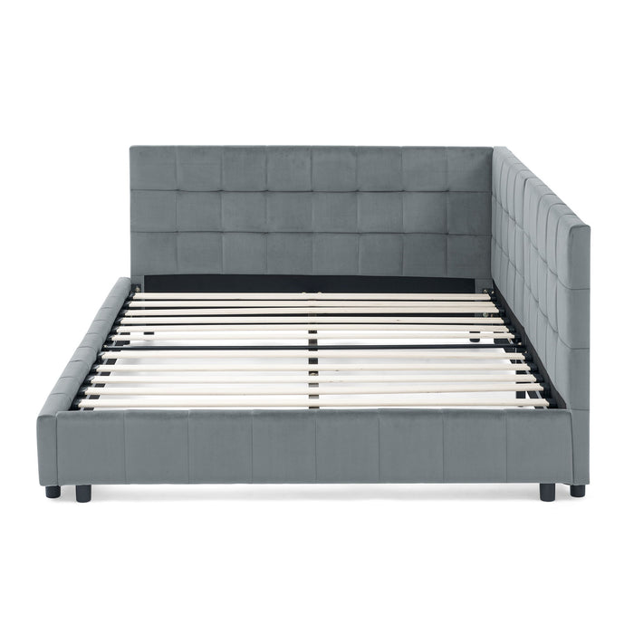 Mid-Century Storage Upholstered Tufted Bed Frame With Backrest And Armrests