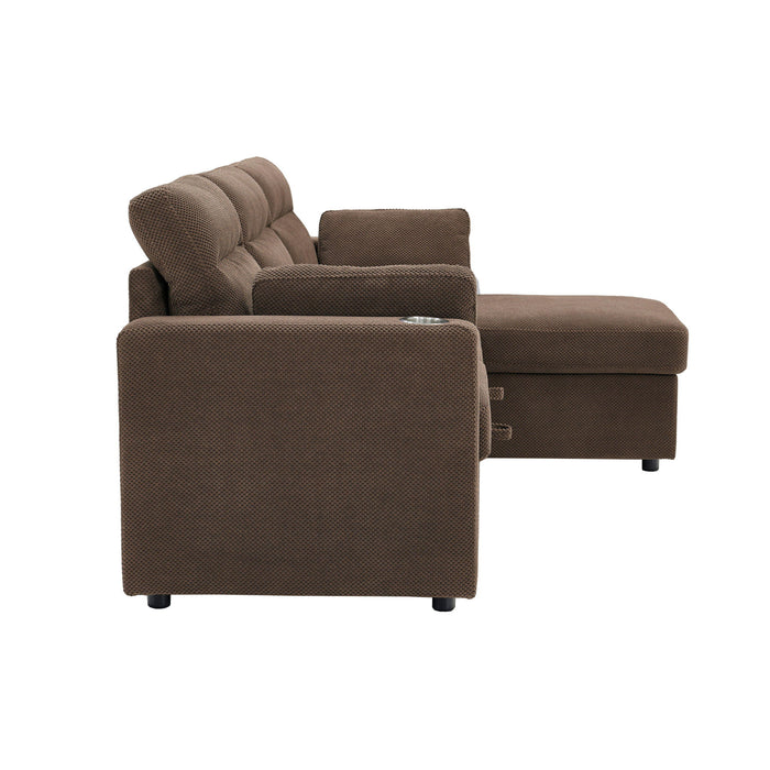 Convertible L - Shaped Sectional Sofa Bed With Storage Chaise, Cup Holders